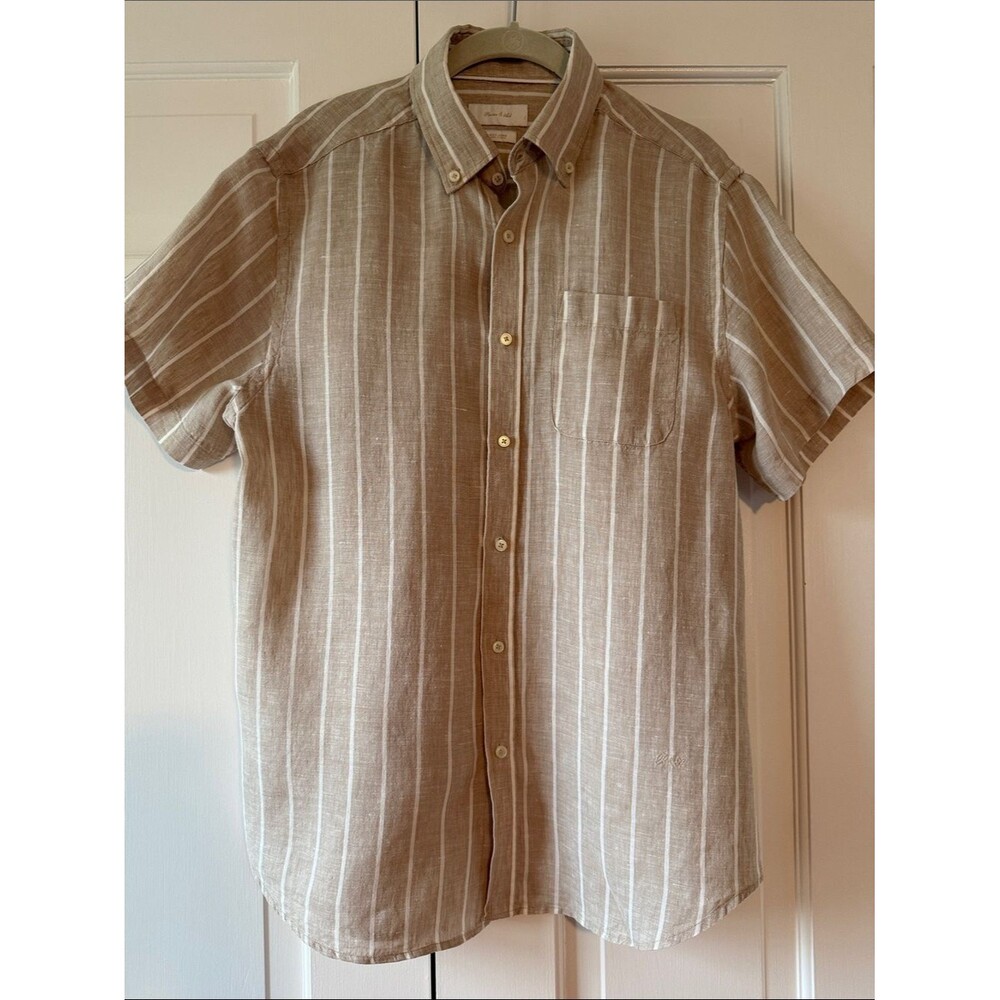 Porter & Ash Linen Men's Short-Sleeve Button Down Shirt Beige White Stripe Med